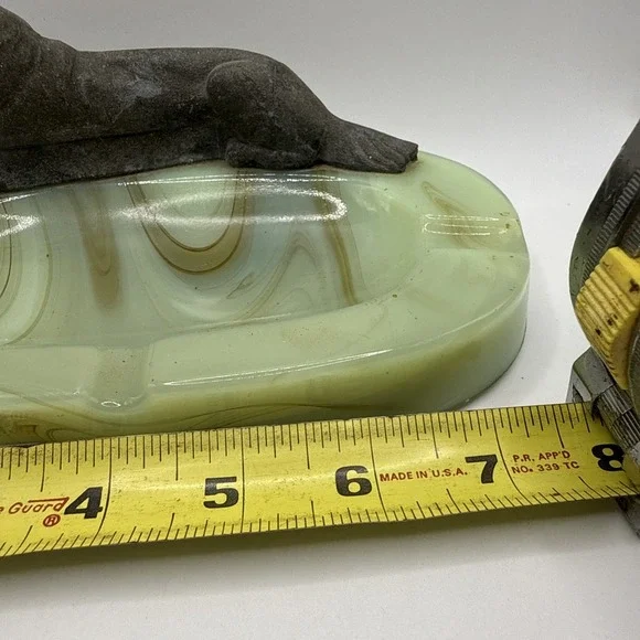 Art Deco Green Slag Uranium Glass Ashtray with Metal Borzoi Dog - 1920s Vintage - Picture 7 of 8